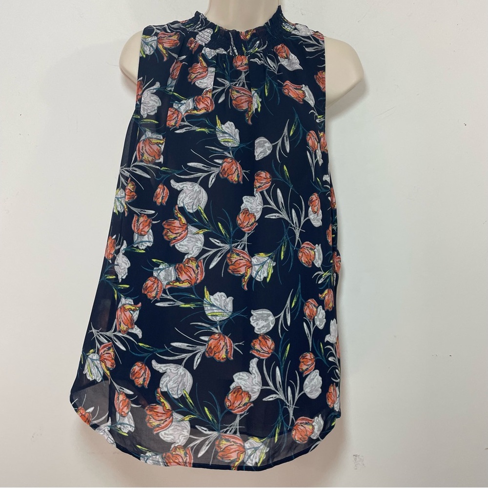 Daniel Rainn size large Smocked mock neck Blouse top floral sleeveless NWT